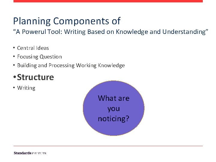 Planning Components of “A Powerul Tool: Writing Based on Knowledge and Understanding” • Central