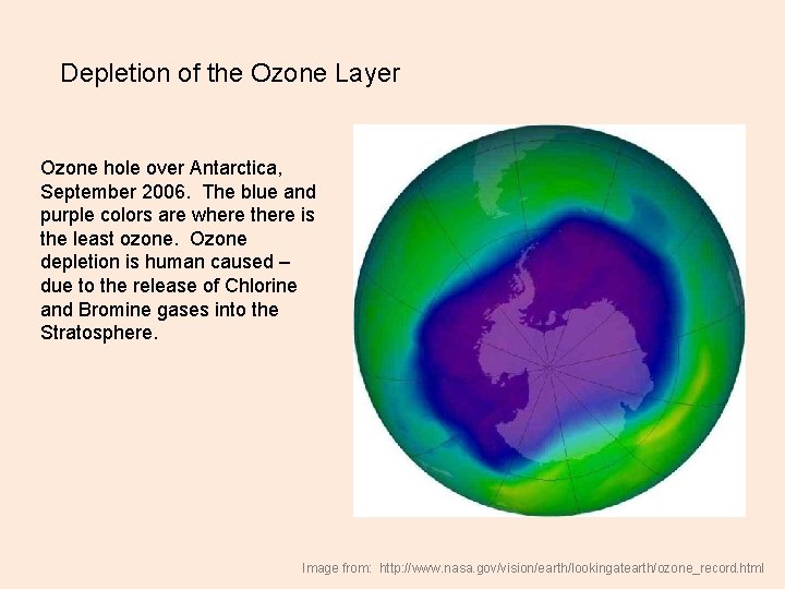 Depletion of the Ozone Layer Ozone hole over Antarctica, September 2006. The blue and