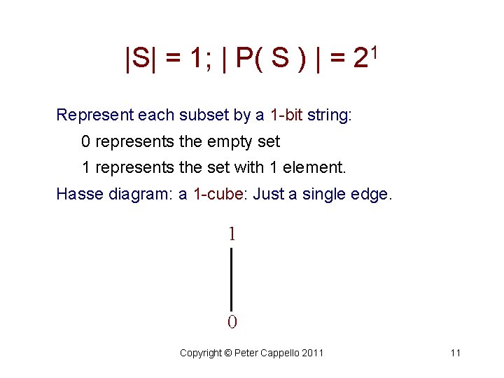 |S| = 1; | P( S ) | = 21 Represent each subset by