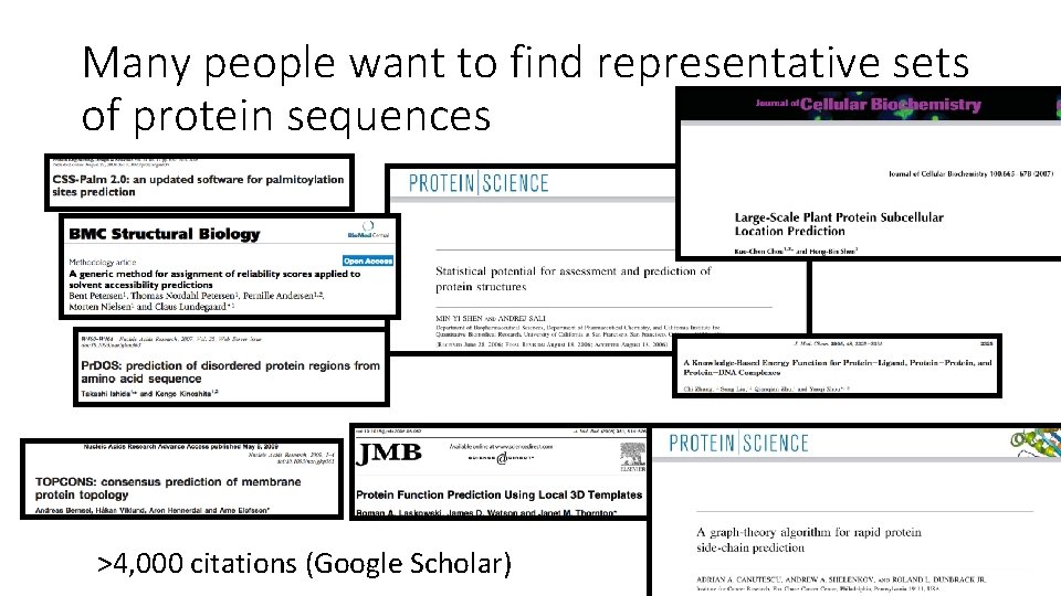 Many people want to find representative sets of protein sequences >4, 000 citations (Google