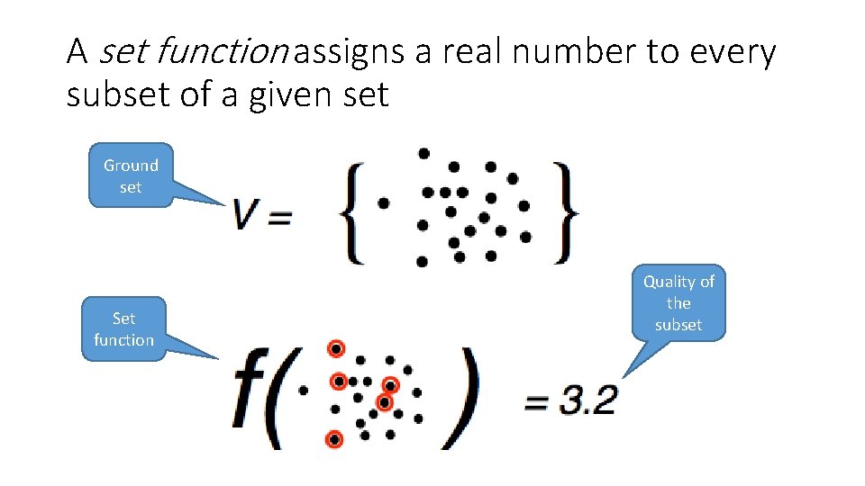 A set function assigns a real number to every subset of a given set