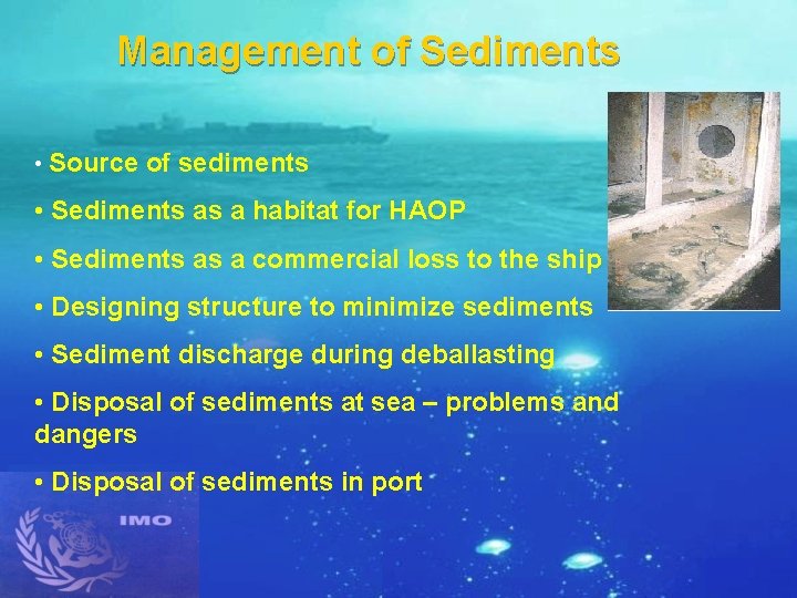 Management of Sediments • Source of sediments • Sediments as a habitat for HAOP