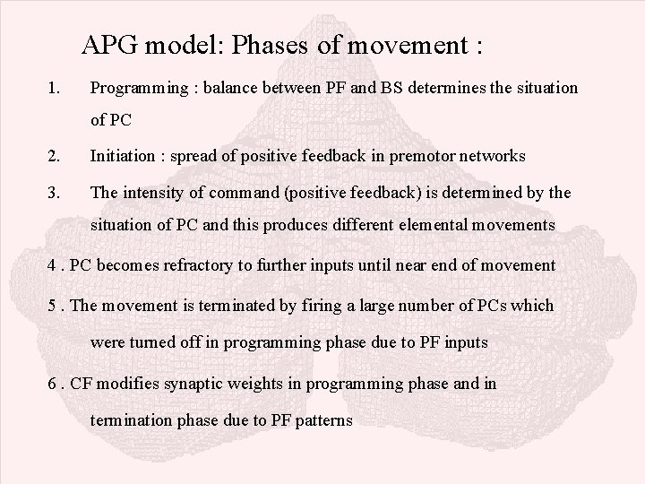 APG model: Phases of movement : 1. Programming : balance between PF and BS