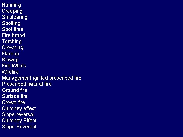 Running Creeping Smoldering Spotting Spot fires Fire brand Torching Crowning Flareup Blowup Fire Whirls