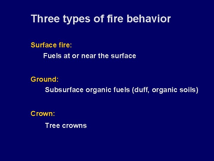 Three types of fire behavior Surface fire: Fuels at or near the surface Ground: