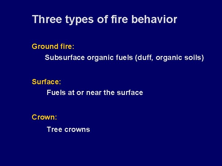 Three types of fire behavior Ground fire: Subsurface organic fuels (duff, organic soils) Surface: