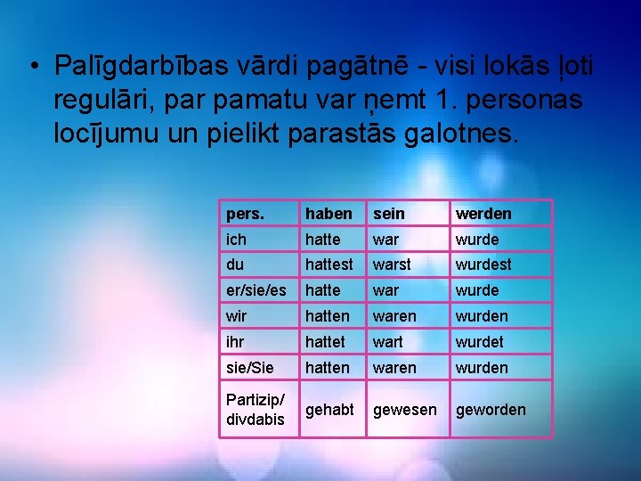  • Palīgdarbības vārdi pagātnē - visi lokās ļoti regulāri, par pamatu var ņemt