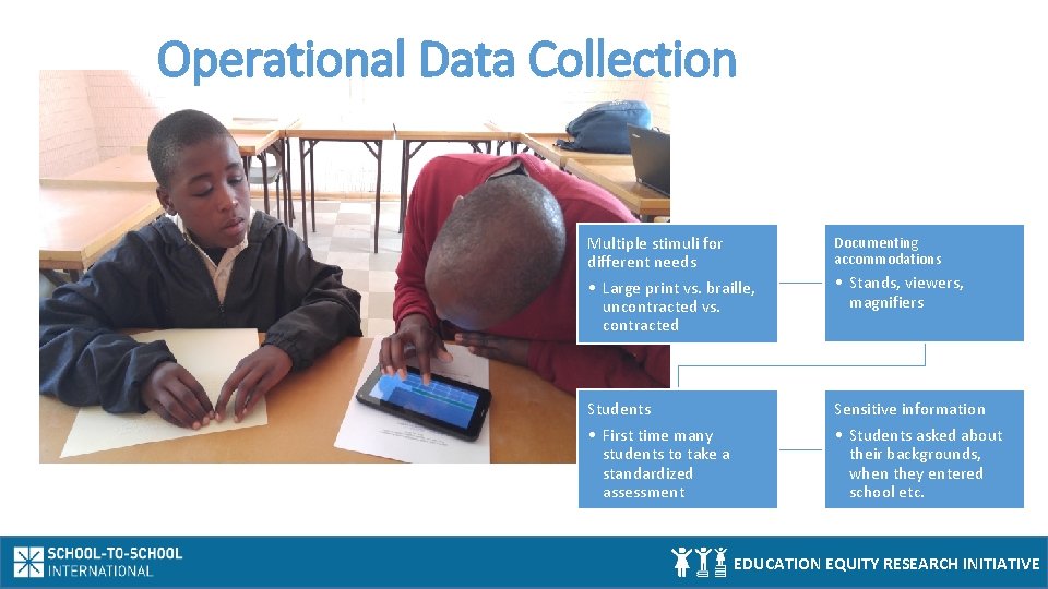 Operational Data Collection Multiple stimuli for different needs Documenting accommodations • Large print vs.