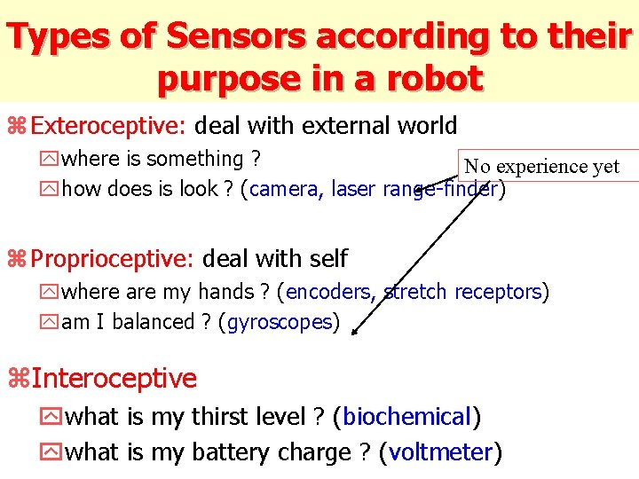 Types of Sensors according to their purpose in a robot z Exteroceptive: deal with