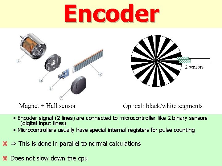 Encoder • Encoder signal (2 lines) are connected to microcontroller like 2 binary sensors