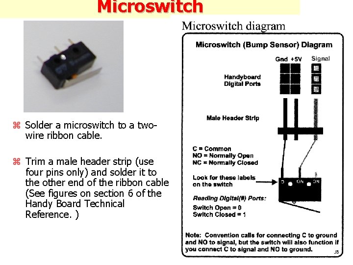 Microswitch z Solder a microswitch to a twowire ribbon cable. z Trim a male