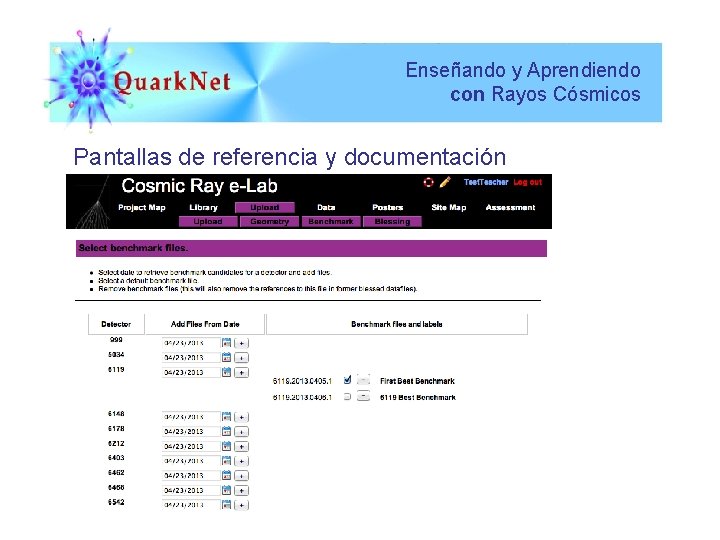 Enseñando y Aprendiendo con Rayos Cósmicos Pantallas de referencia y documentación 