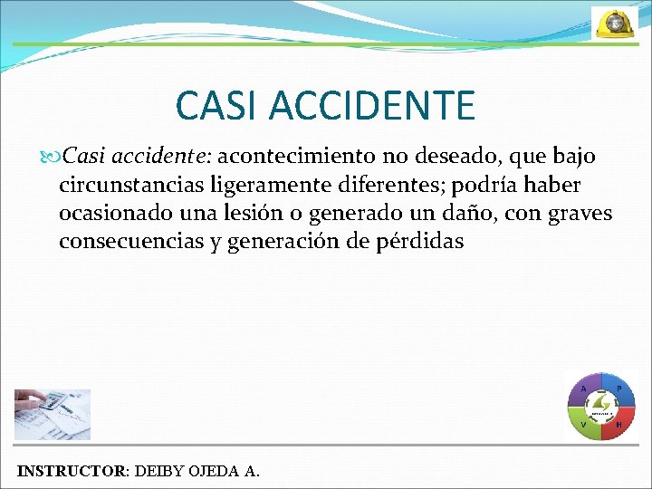 CASI ACCIDENTE Casi accidente: acontecimiento no deseado, que bajo circunstancias ligeramente diferentes; podría haber