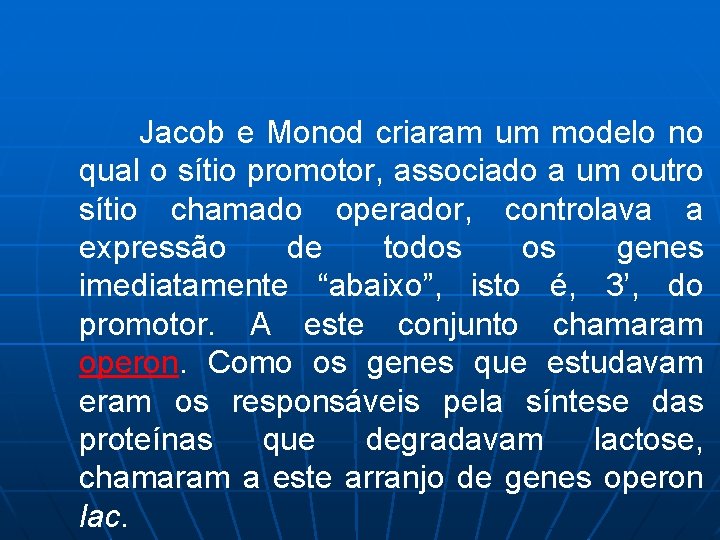  Jacob e Monod criaram um modelo no qual o sítio promotor, associado a