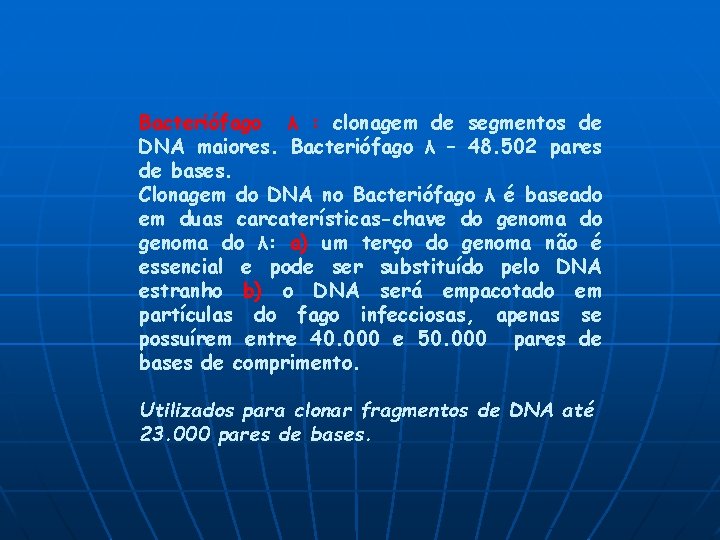 Bacteriófago λ : clonagem de segmentos de DNA maiores. Bacteriófago λ – 48. 502