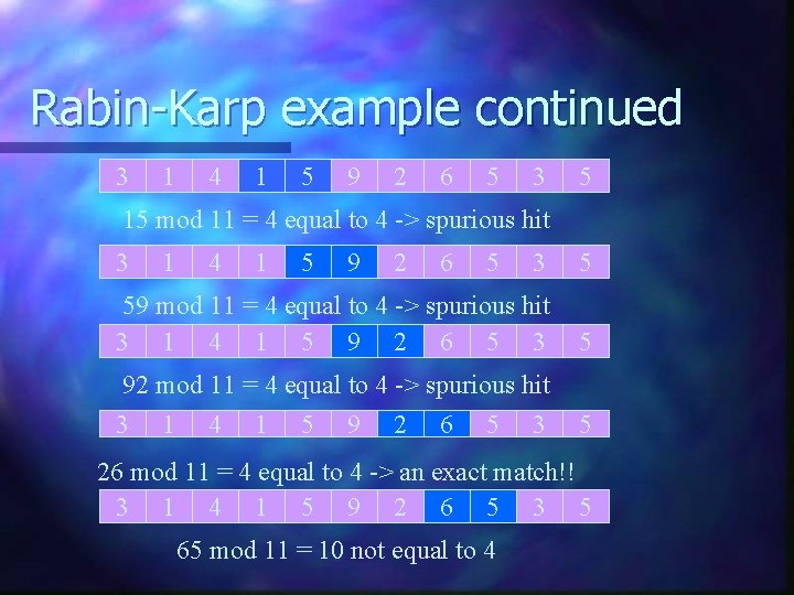 Rabin-Karp example continued 3 1 4 1 5 9 2 6 5 3 5