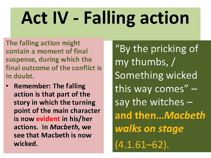 Act IV - Falling action The falling action might contain a moment of final