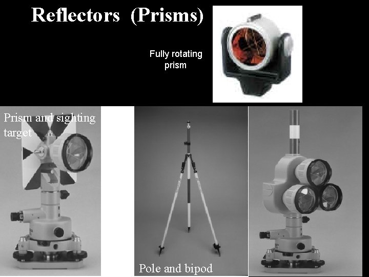 Reflectors (Prisms) Fully rotating prism Prism and sighting target Pole and bipod 