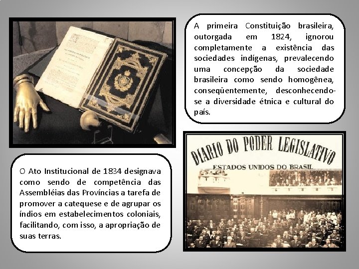 A primeira Constituição brasileira, outorgada em 1824, ignorou completamente a existência das sociedades indígenas,