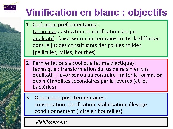 Vinification en blanc : objectifs 1. Opération préfermentaires : technique : extraction et clarification