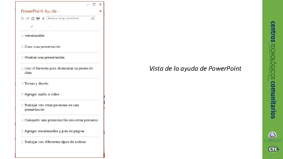 Vista de la ayuda de Power. Point 