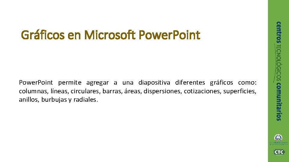 Gráficos en Microsoft Power. Point permite agregar a una diapositiva diferentes gráficos como: columnas,