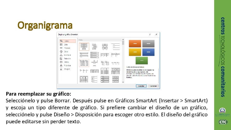 Organigrama Para reemplazar su gráfico: Selecciónelo y pulse Borrar. Después pulse en Gráficos Smart.