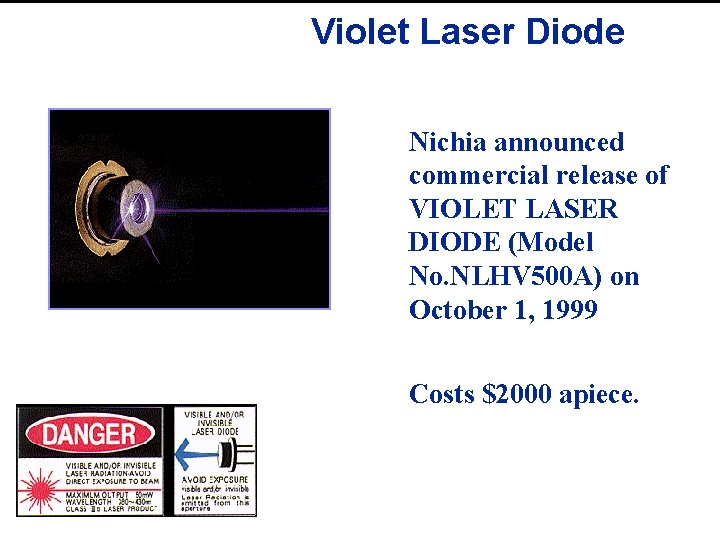 Violet Laser Diode Nichia announced commercial release of VIOLET LASER DIODE (Model No. NLHV