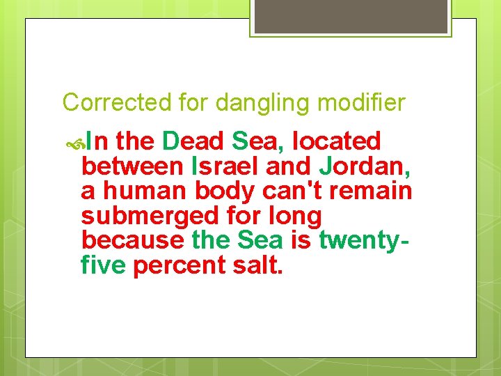 Corrected for dangling modifier In the Dead Sea, located between Israel and Jordan, a