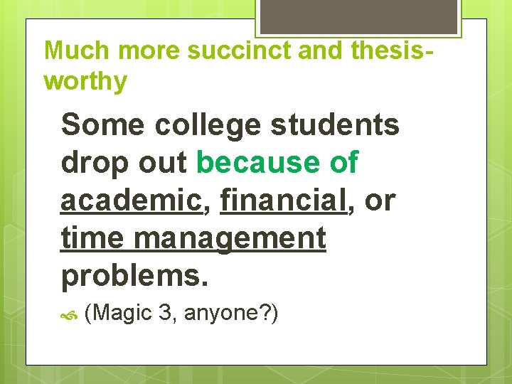 Much more succinct and thesisworthy Some college students drop out because of academic, financial,