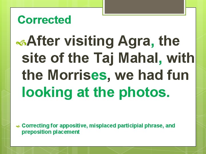 Corrected After visiting Agra, the site of the Taj Mahal, with the Morrises, we