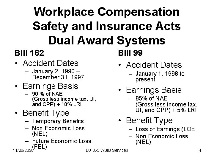 Workplace Compensation Safety and Insurance Acts Dual Award Systems Bill 162 • Accident Dates