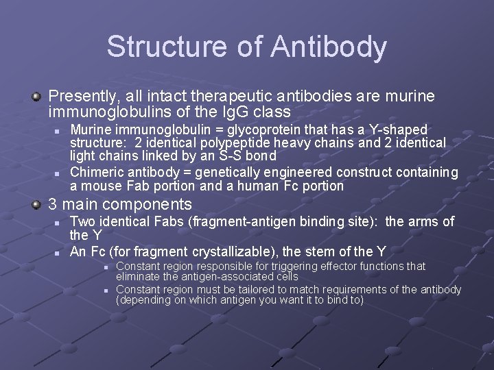 Structure of Antibody Presently, all intact therapeutic antibodies are murine immunoglobulins of the Ig.