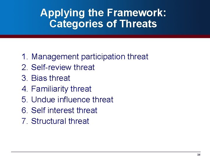 Applying the Framework: Categories of Threats 1. 2. 3. 4. 5. 6. 7. Management