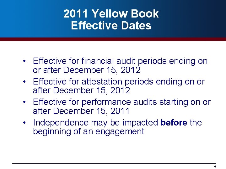 2011 Yellow Book Effective Dates • Effective for financial audit periods ending on or