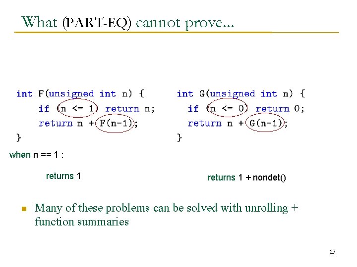 What (PART-EQ) cannot prove. . . when n == 1 : returns 1 n