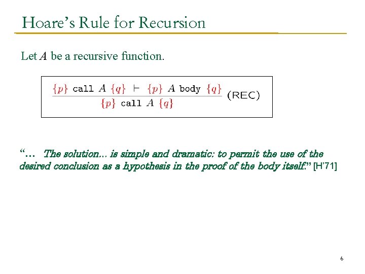 Hoare’s Rule for Recursion Let A be a recursive function. “… The solution. .