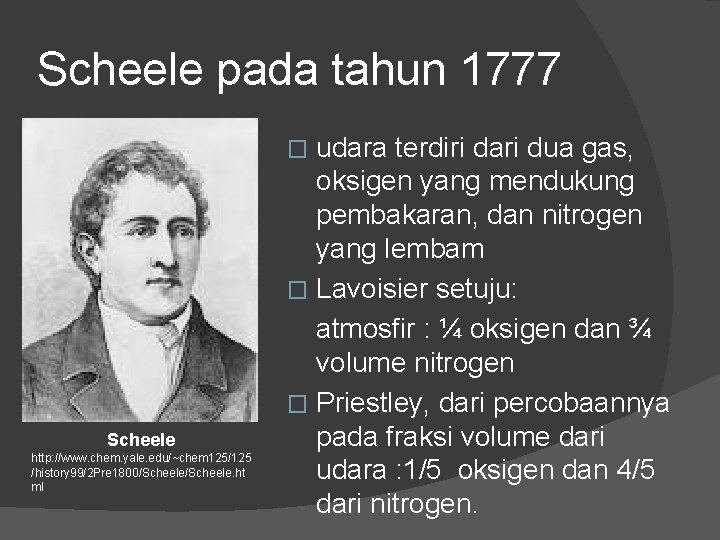 Scheele pada tahun 1777 udara terdiri dari dua gas, oksigen yang mendukung pembakaran, dan