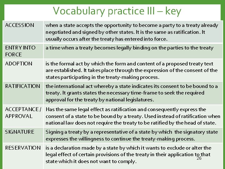 Vocabulary practice III – key ACCESSION when a state accepts the opportunity to become