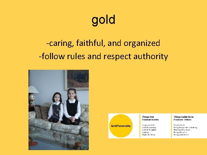 gold -caring, faithful, and organized -follow rules and respect authority 