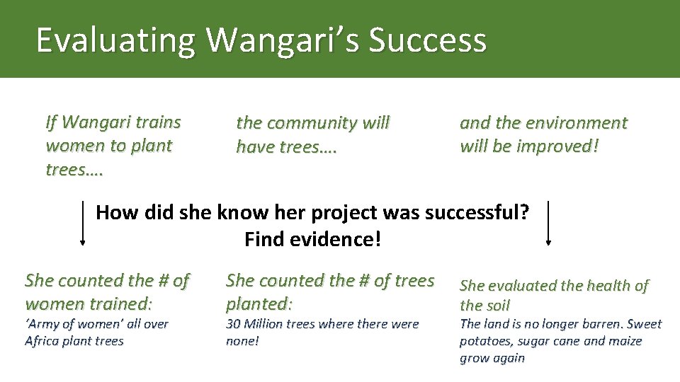 Evaluating Wangari’s Success If Wangari trains women to plant trees…. the community will have