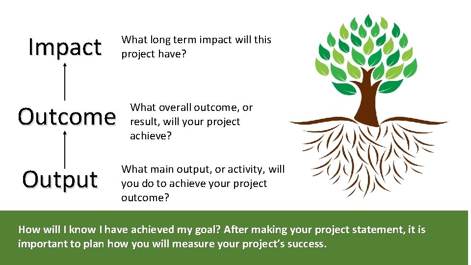 Impact Outcome Output What long term impact will this project have? What overall outcome,