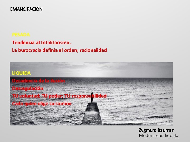 EMANCIPACIÓN PESADA Tendencia al totalitarismo. La burocracia definía el orden; racionalidad LIQUIDA Decadencia de