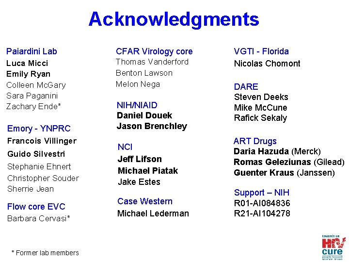 Acknowledgments Paiardini Lab CFAR Virology core Luca Micci Emily Ryan Colleen Mc. Gary Sara