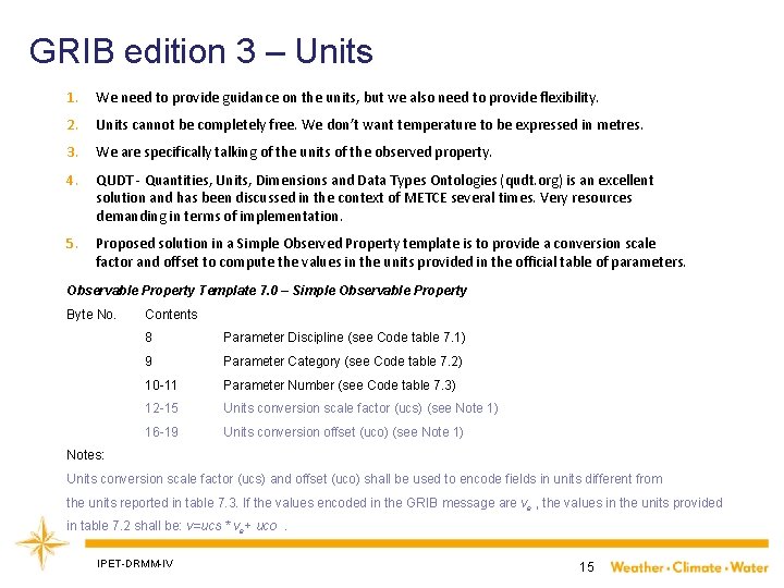 GRIB edition 3 – Units 1. We need to provide guidance on the units,