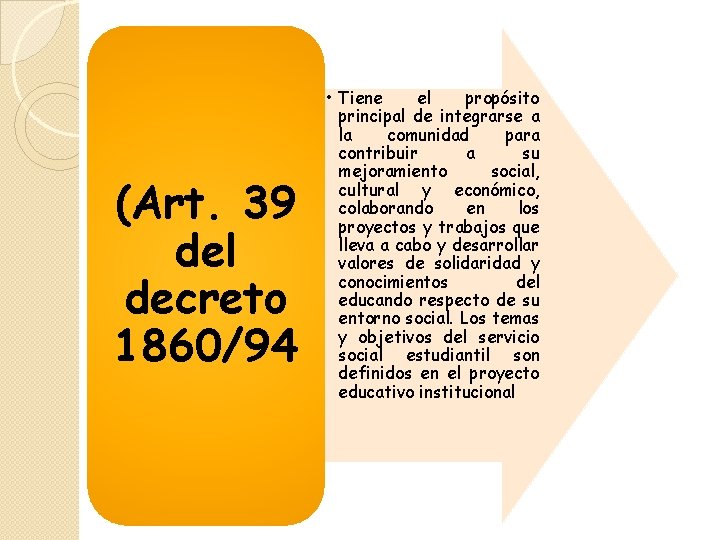 (Art. 39 del decreto 1860/94 • Tiene el propósito principal de integrarse a la