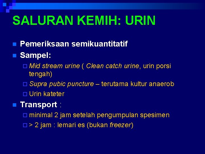 SALURAN KEMIH: URIN n n Pemeriksaan semikuantitatif Sampel: ¨ Mid stream urine ( Clean