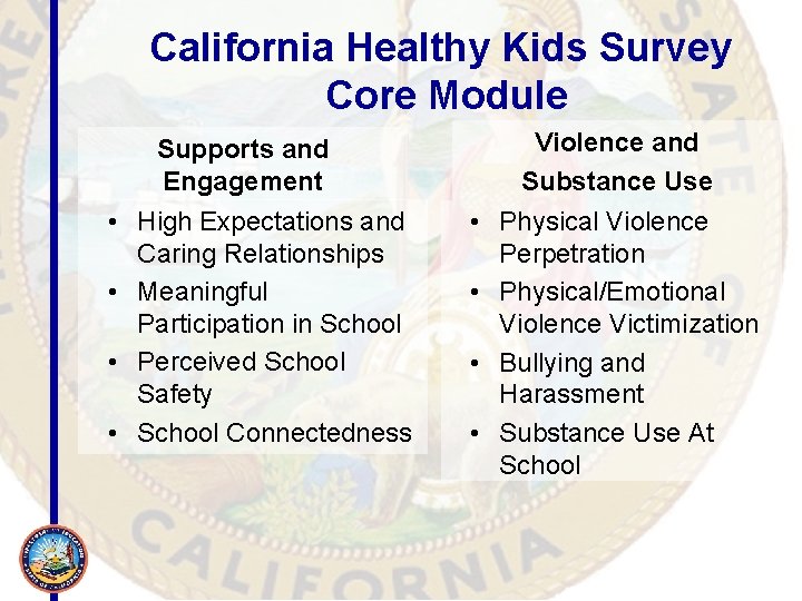 California Healthy Kids Survey Core Module Supports and Engagement • High Expectations and Caring
