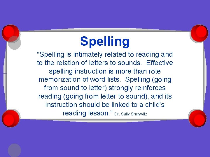 Spelling “Spelling is intimately related to reading and to the relation of letters to