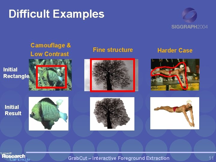 Difficult Examples Camouflage & Low Contrast Fine structure Harder Case Initial Rectangle Initial Result